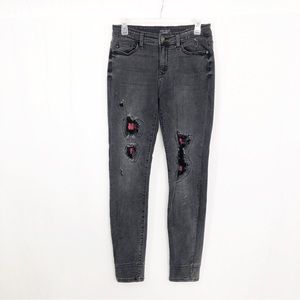 Judy Blue Plaid Patch Distressed Skinny Jeans, Size 29, Distressed Black